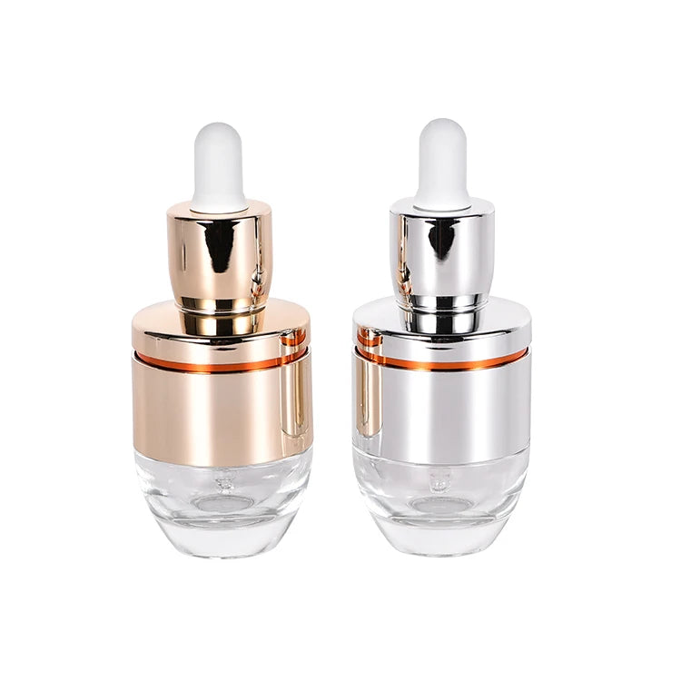 Custom Electroplated Rose Silver Cover Essential Oil Dropper Glass Bottle with Screen Printing for Packing Serum Cosmetic