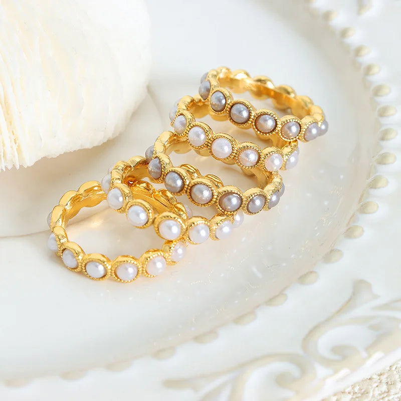 Elegant Fashion Unique Texture High Gloss Shell Pearl Ring Commuting Jewelry 18k Gold Plated Stainless Steel Pearl Ring