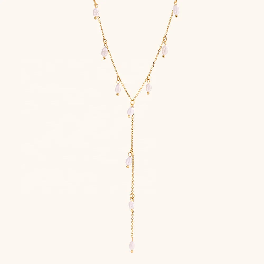 Ding Ran Wholesale 18K Gold Plated Stainless Steel Link Chain Freshwater Pearl Tassel Necklace Fashionable Jewelry