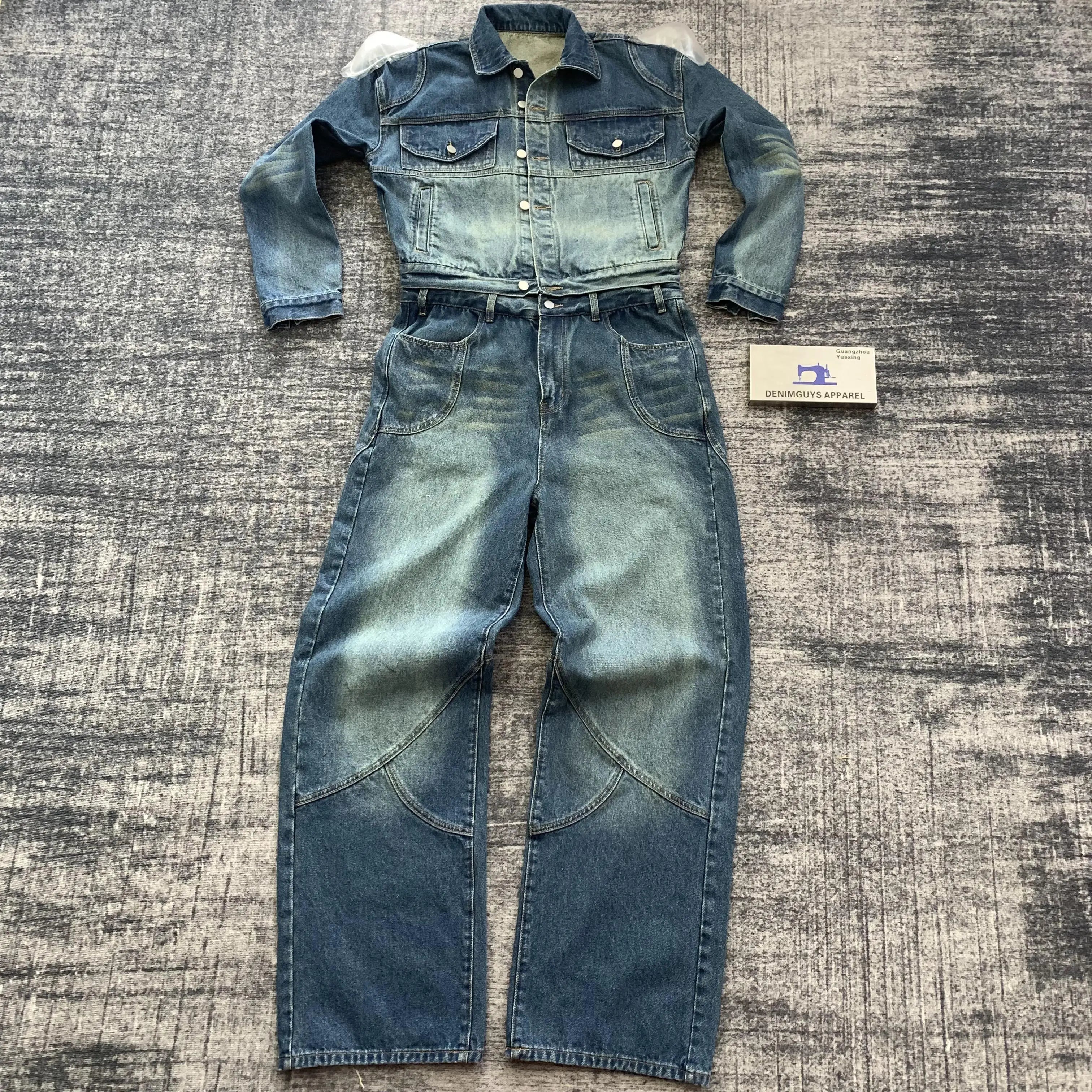 DENIMGUYS Custom Vintage Men's Baggy Denim Suit Mens Acid Streetwear Wash Denim Jacket and Jeans