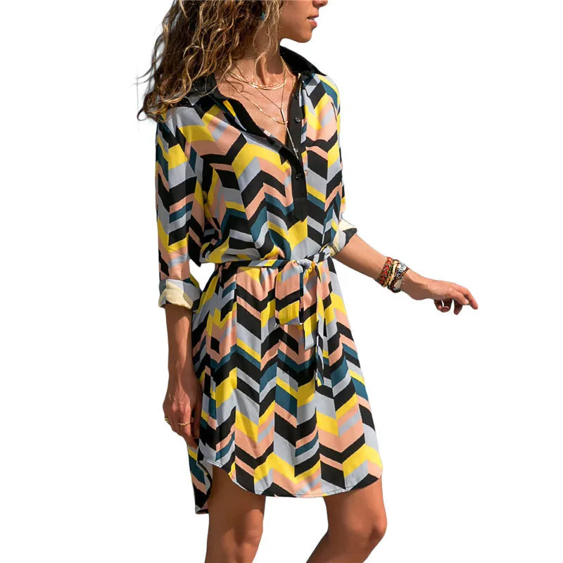 Wholesale New Arrivals Summer Floral Chinoiserie Printed Casual Long Sleeve V-Neck Tie Shirt Eco-Friendly Chiffon Knee-Length