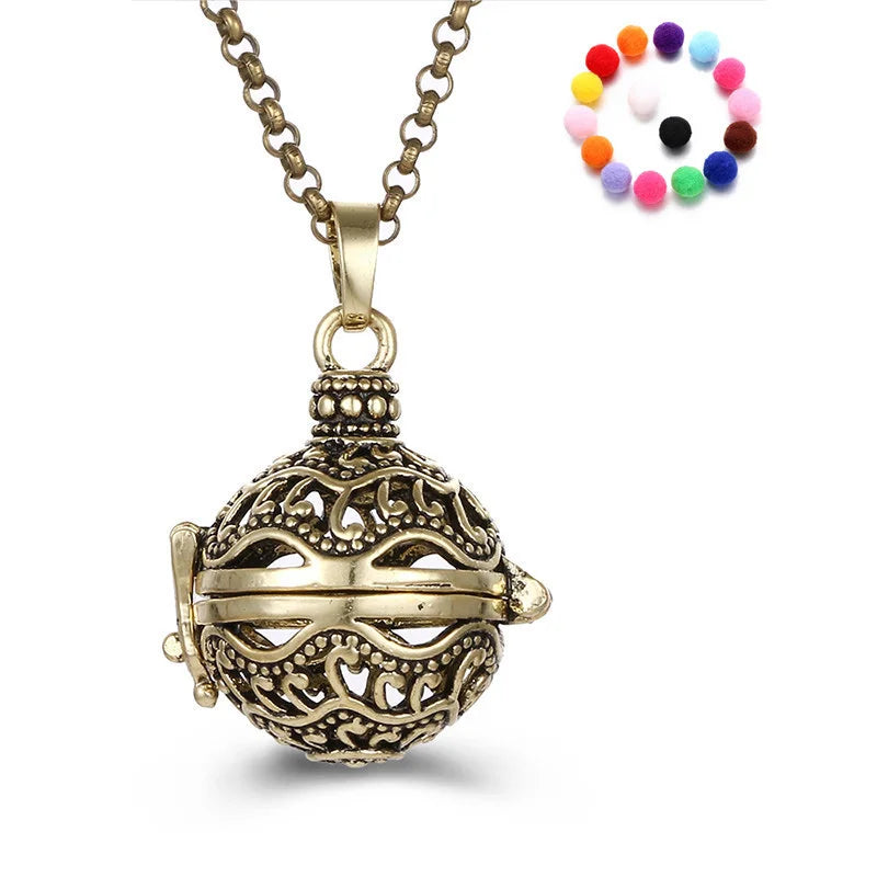 European Vintage Harmony Chime Angel Ball Pendant Necklace with Long Chain Essential Oil Diffuser Featuring Pearl Brass Material