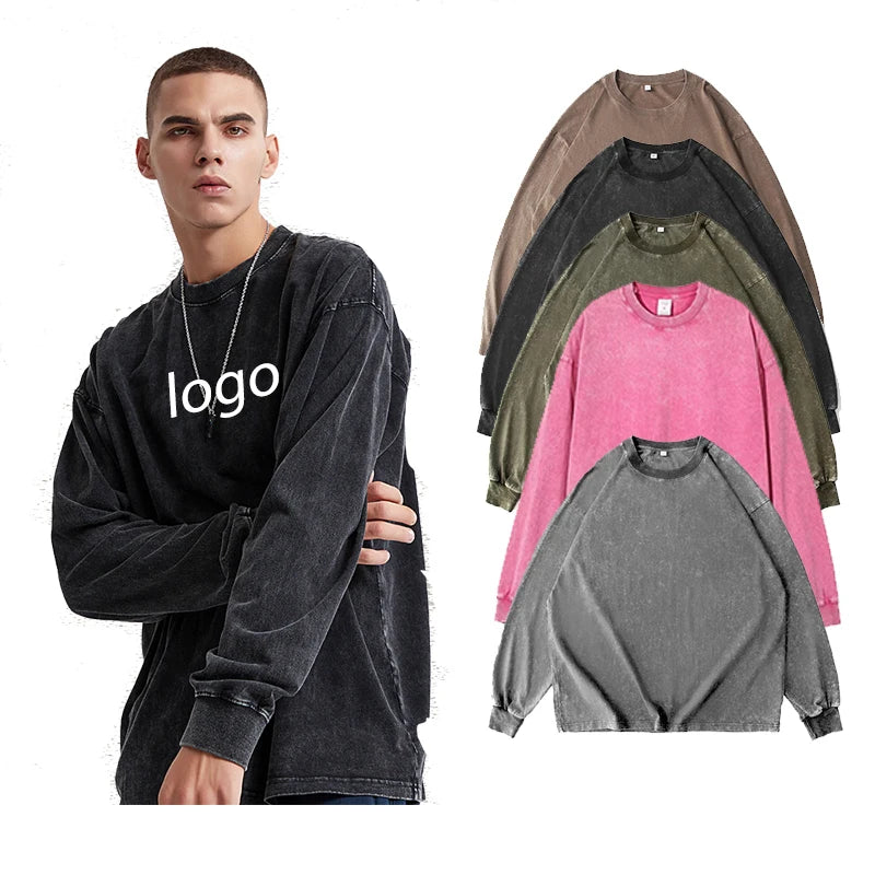 Vintage Acid Washed Long Sleeve T-Shirt for Men Dtg Printing Graphic Men's T-Shirt Oversize Casual Heavy Cotton 230g T-Shirt