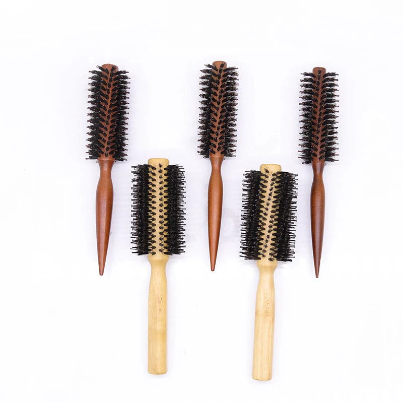 Custom Logo Home Use Hair Salon Wood Hairbrush Scalp Massage 2 Styles Rolling Comb Boar Bristle Nylon Material Curly Hairbrush