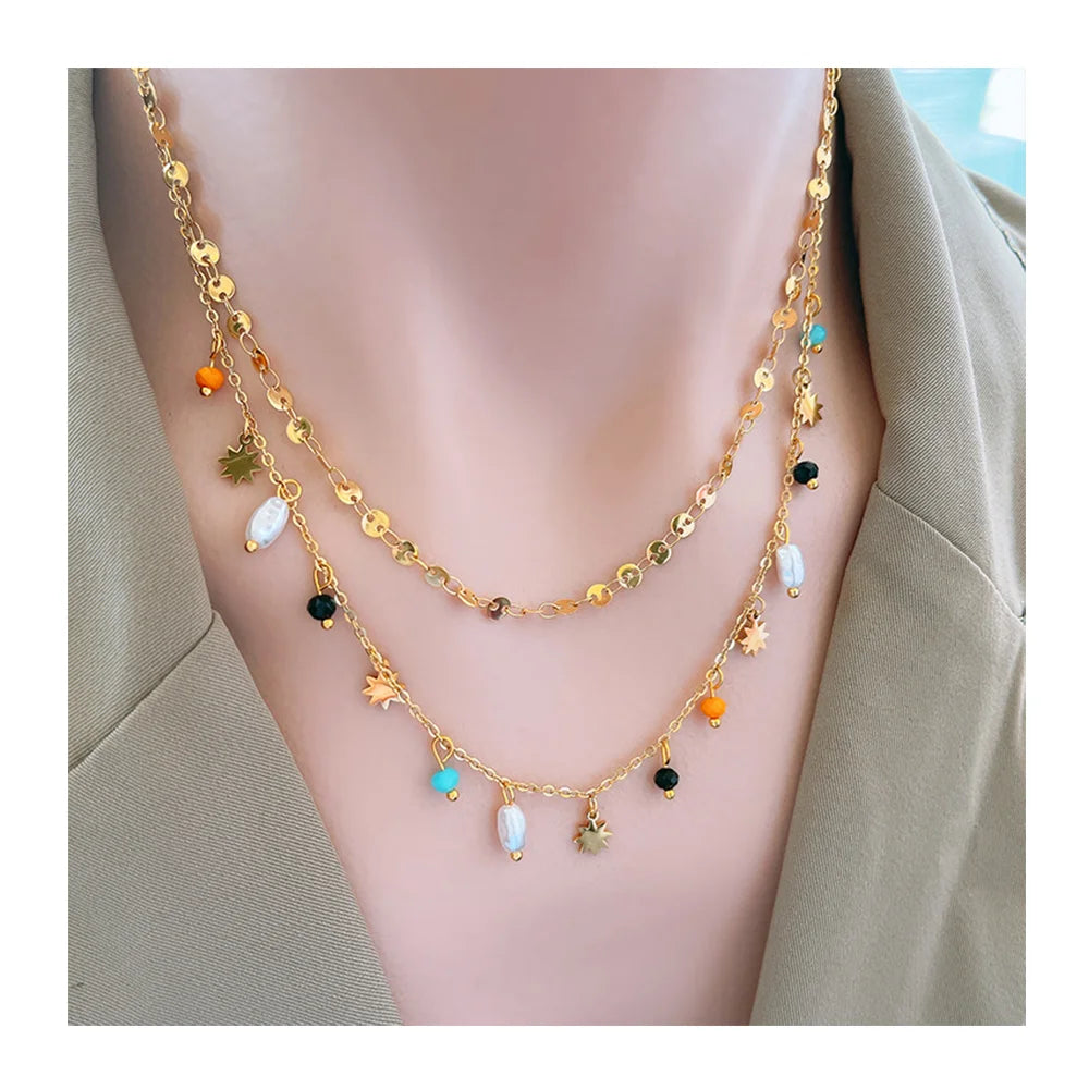 New Trendy 18k Gold Plated Pearl Charm Stainless Steel Necklaces Tarnish Free Double Layer Necklace Jewelry for Women