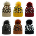 Wholesale Custom Ribbed Jacquard Knitted Leopard Spotted Print Pattern Pom Beanie Hat Toque Snow Skull Cap With Faux Fur Pompom