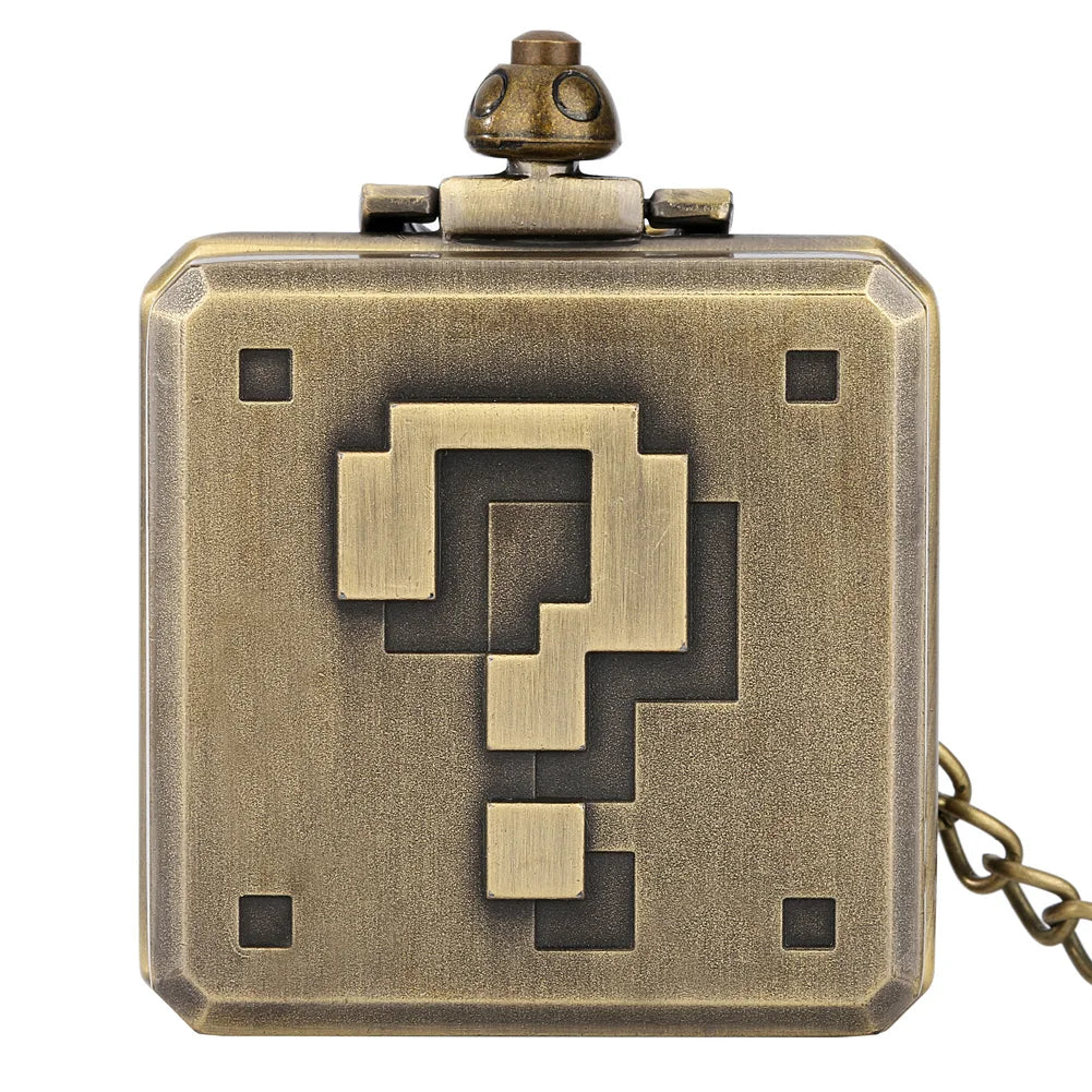 Pixel Question Box Square Pendant Vintage Bronze Steampunk Pocket Watch with Chain for Cosplay Gift
