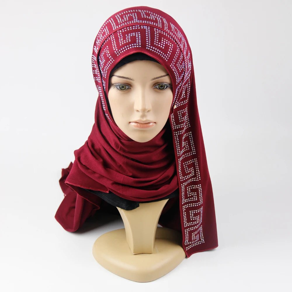 Latest Fashion Women Hijab Jersey Plain Glitter Muslim Long Scarf Hijab With Rhinestones