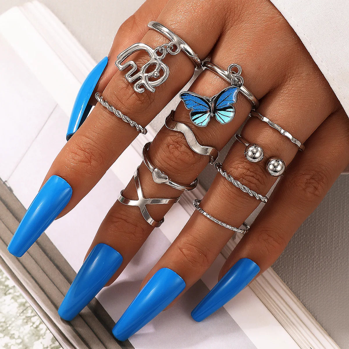 10pcs/sets Trendy Butterfly Elephant Heart Midi Joint Ring Sets for Women Charms Cross Open Knuckle Ring Jewelry Accessories