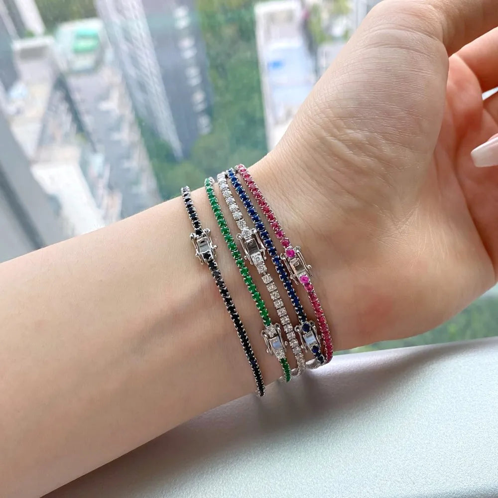 2MM 3MM S925 Pure Silver 5A Cubic Zirconia Tennis Chain Bracelet Popular Delicate Colorful Full Diamond Bracelet