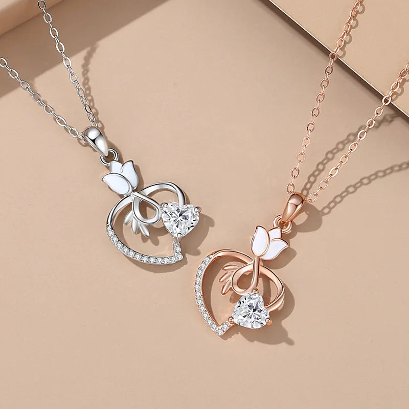 Dainty Large Crystal Heart 925 Sterling Silver Love Flower Choker Necklace with Zircon Cute Style for Wedding and Engagement