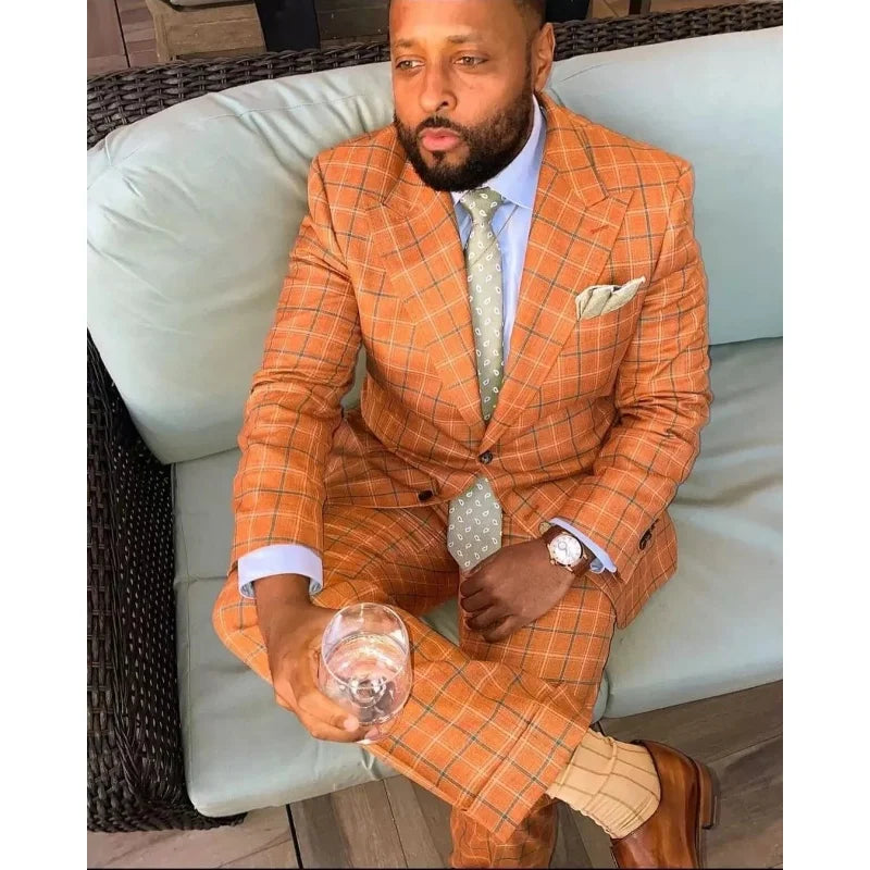Unique Orange Check Celebrity Mens Customized Wedding Tuxedos Plus Size Men Wear Dinner Prom Party Blazer (Jacket+Pants)Male Set