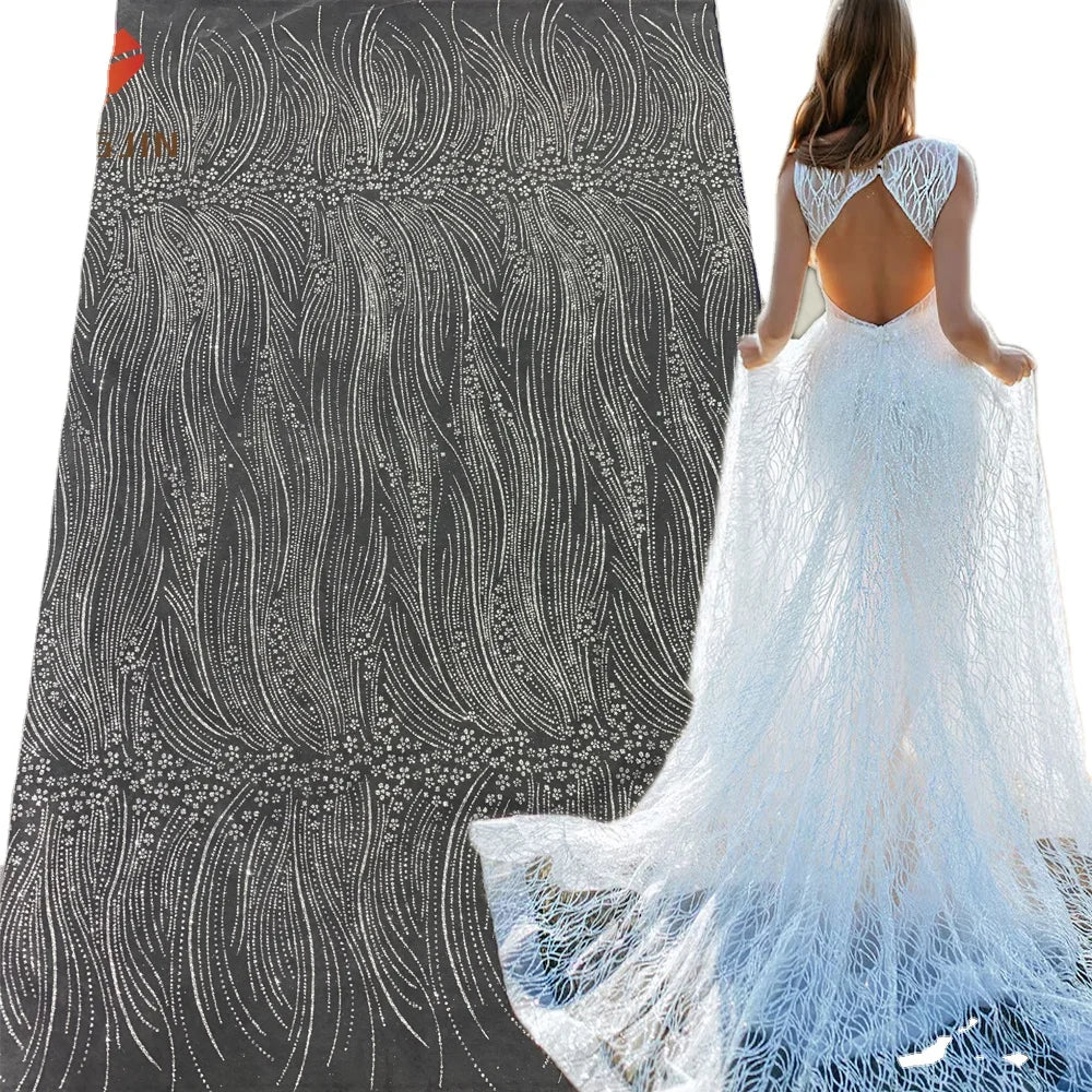 Elegant French Glitter Tulle Luxury Lace White Shining Rhinestone Sequin Mesh Fabric Lace Wedding Bridal Dress Net Lace Fabric