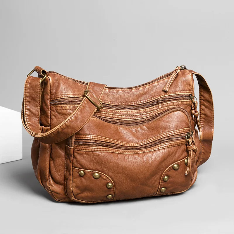 Vintage Casual Simple Women Messenger Bags Washed Leather Waterproof Ladies Shoulder Bag Portable Commuter Mommy Female Handbag