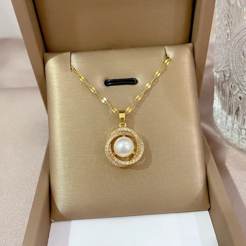 Fashion Delicate Micro Diamond Statement Necklace Jewelry Gifts Stainless Steel Chain Round Crystal Pearl Pendant Necklace