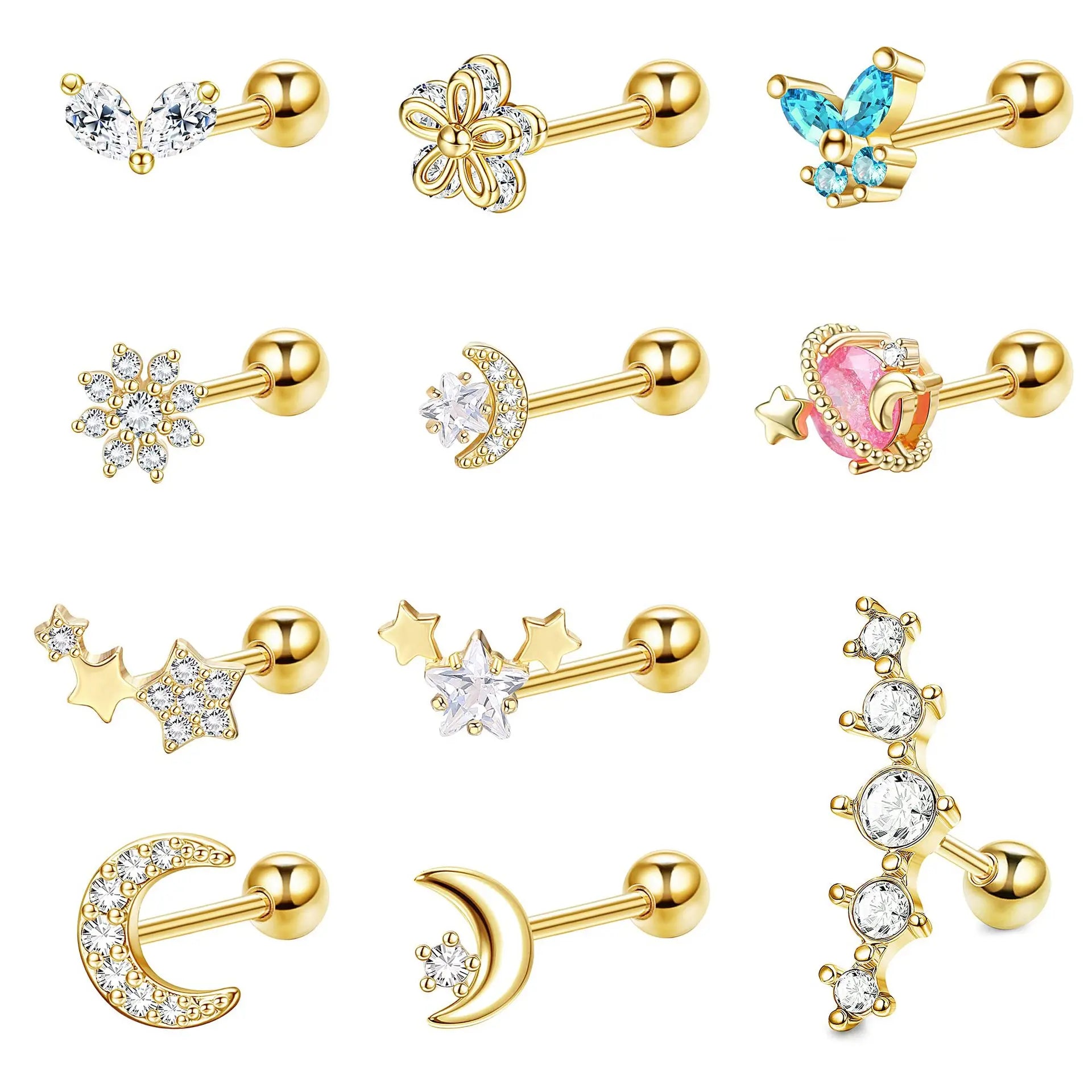 Factory Creative Ear Bone Studs Jewelry Stainless Steel Screw Earrings Fashion Colorful Zirconia Earrings Gifts for Women