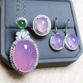 Certified Plated S925 Silver Inlaid Green Chalcedony Pendant Ring Three-Piece Earrings Set Exquisite Agate Set Jade Pendant