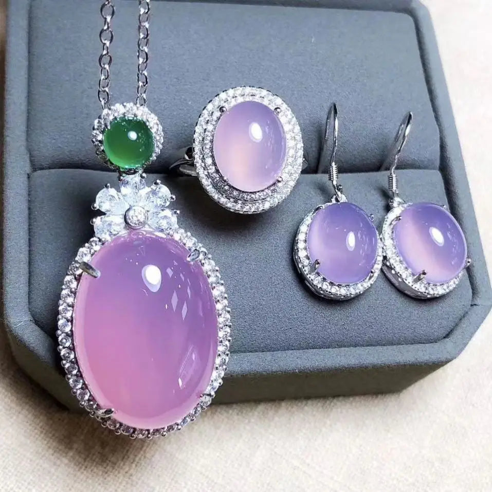 Certified Plated S925 Silver Inlaid Green Chalcedony Pendant Ring Three-Piece Earrings Set Exquisite Agate Set Jade Pendant