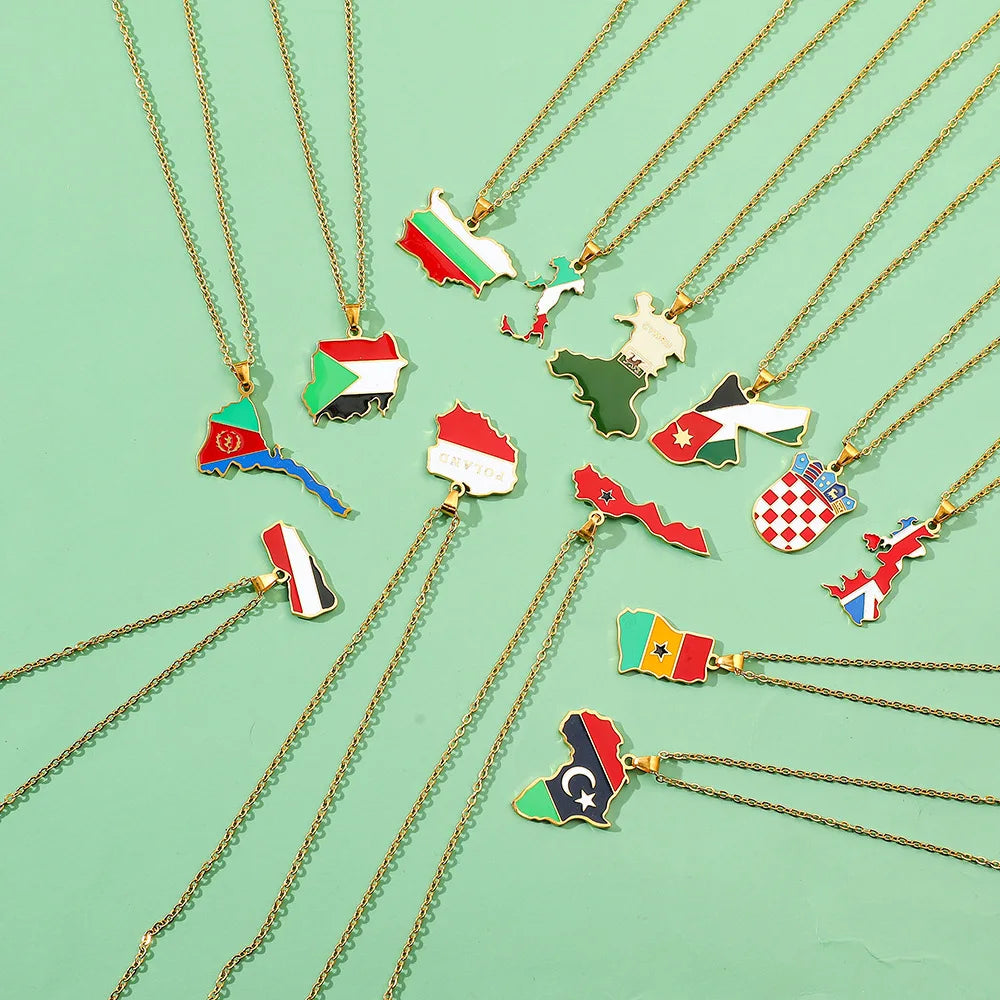 Factory World Countries Map Flag Charm Chain Necklace Stainless Steel Silver 18K Gold Plated National Flag Pendant Necklace