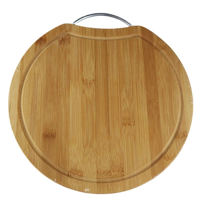 GHP Ready to Ship Round Shape Natural Bamboo Cutting Board Bamboo Chopping Blocks With Metal Handle