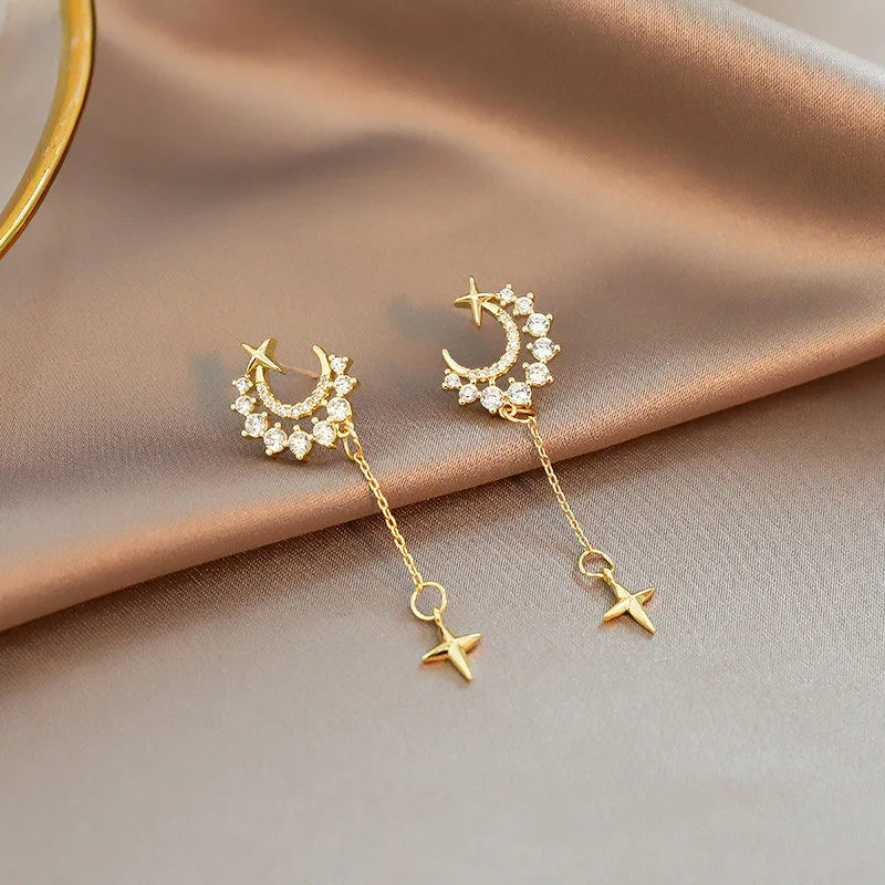 Wholesale Popular Korean Pearl Crystal Rhinestone Moon Stars Drop Dangle Earrings for Girls Women