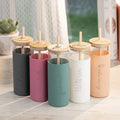Wholesale Personalized 450ml High Borosilicate Glass Tumbler Straw Ice Coffee Mug Bamboo Lid Silicone Sleeve Minimalist Design