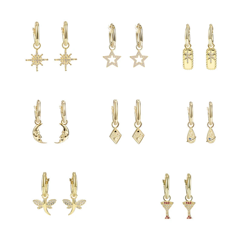 Hot Sale 925 Sterling Silver 18K Gold Plated Fashion Jewelry Geometric Charms Zircon Drop Hoop Earrings