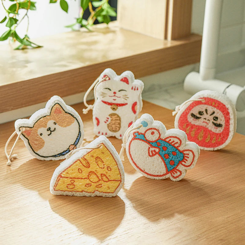 SHIMOYAMA Multifunctional Cartoon Cleaning Wood Pulp Scrub Sponge Dishwashing Kitchen