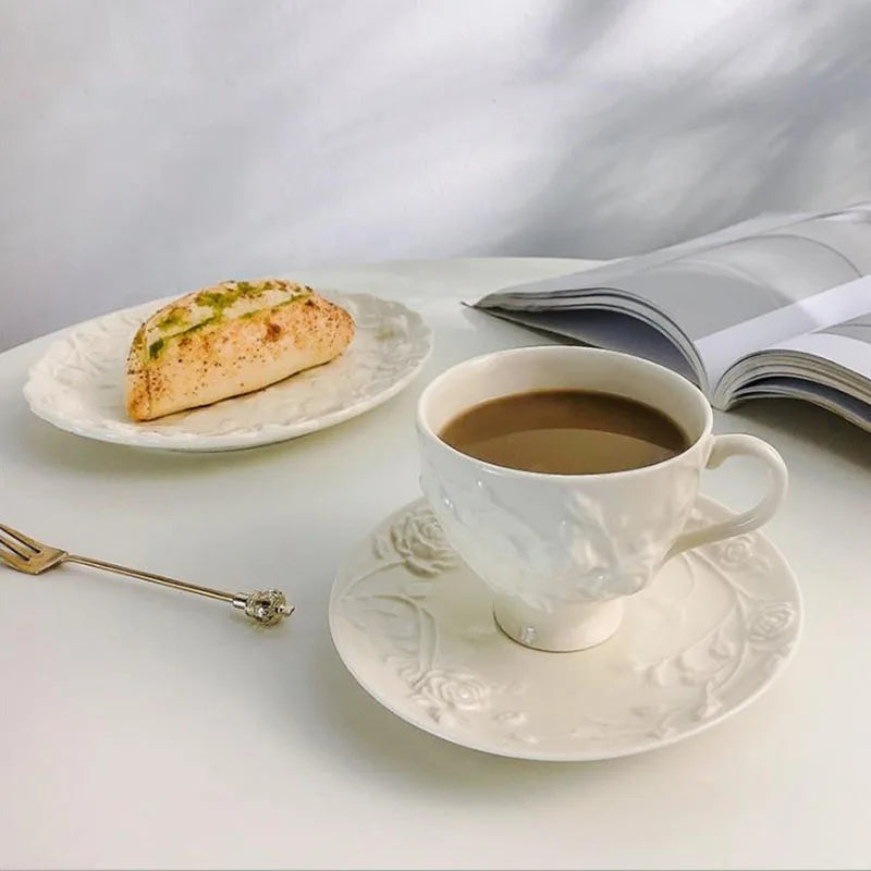 SOLHUI Embossed Porcelain Ceramic Bone China Mug Dinnerware Dishes Dinner Plate