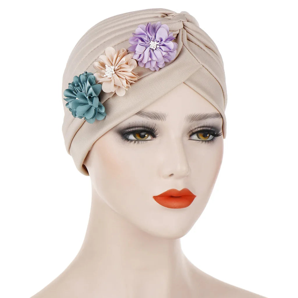 New Three Little Flowers Indian Hat Fashion Street Shoot Pleated Pullover Hat Muslim Headband