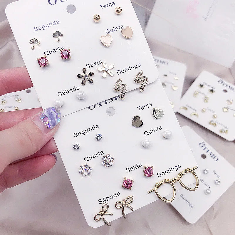 Hot Selling Korean Style Lovely Student Girls' Fashion Drop Earrings One Week Six Pairs Cut Earring Sets Cheap One Week Earring