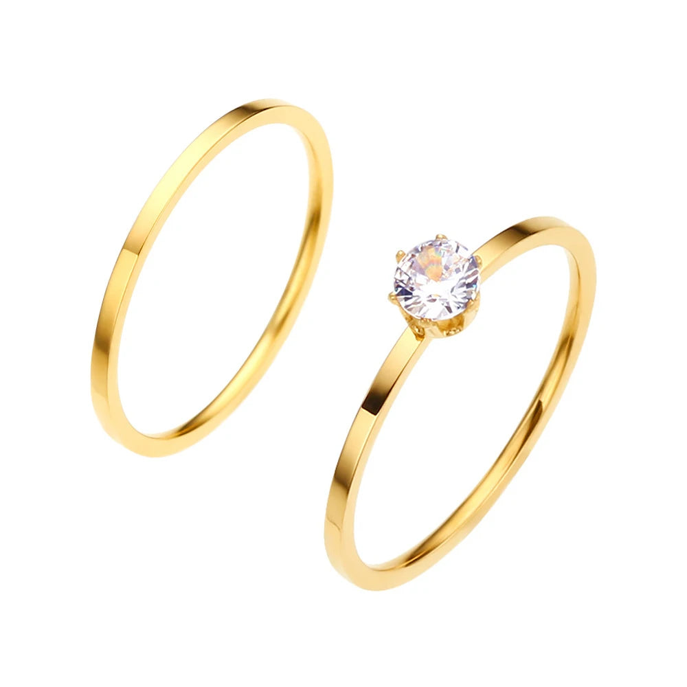 Fashion Non Tarnish Jewelry 18K Gold Plated Zircon Couple Rings Daily Stainless Steel Stackable Ring Set YF2781