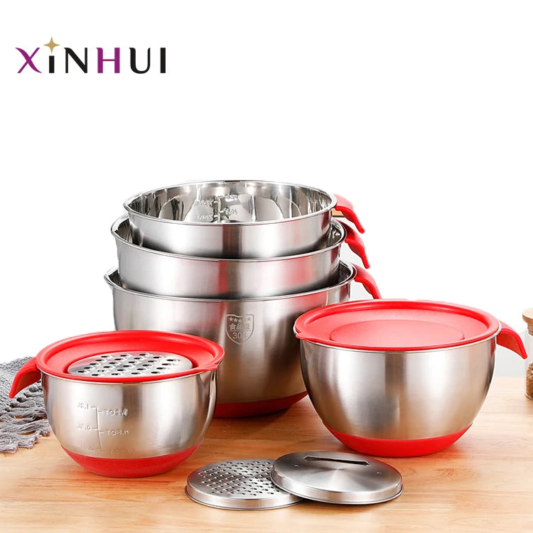Most Popular  Kitchen Deep Silicone Metal Custom Fruit Salad Mixing Bowl Set Stainless Steel Bowl with Lids