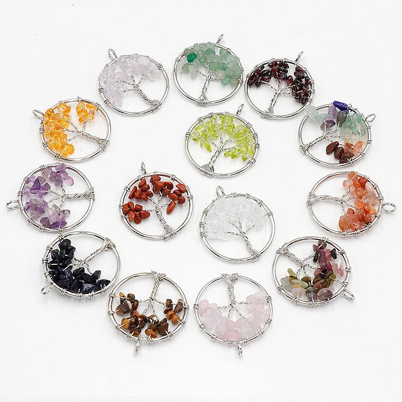 Wholesale Crystal Natural Stone 3CM Wire Wrapped Gravel Tree of Life Pendant Necklace Healing Gemstone Pendants Jewelry