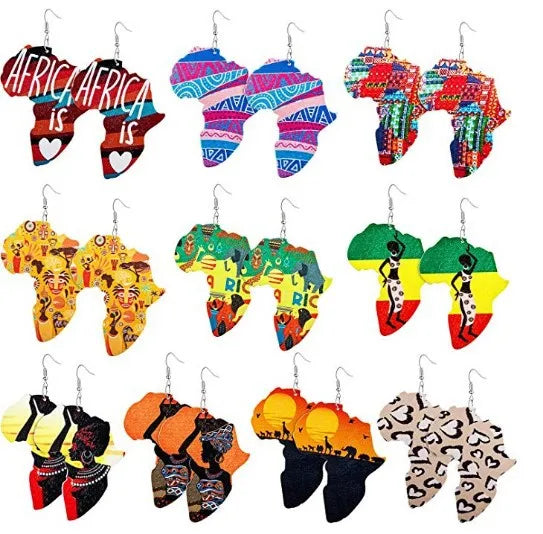 Mixed Style 9pairs/Bag Women Printing Round Map Pattern Wooden Earrings on Sale