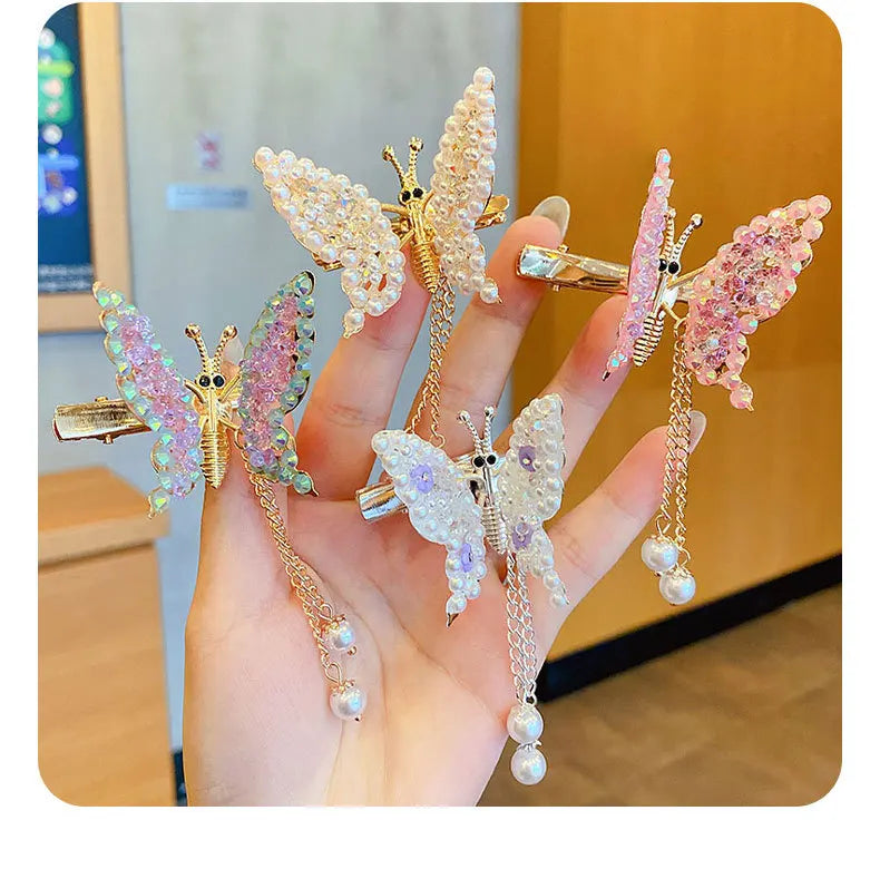 Ins Diamond Statement Pearl Crystal Hair Clips Luxury Tassels Children Hair Accessories Kids Butterfly Hair Clips