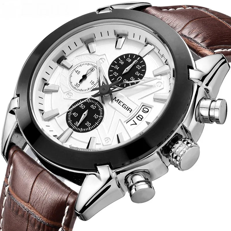 Top Reloj Watch MEGIR 2020 Luxury Men's Business Gift Watches Chronograph Quartz Clock Waterproof Leather Men Wristwatches
