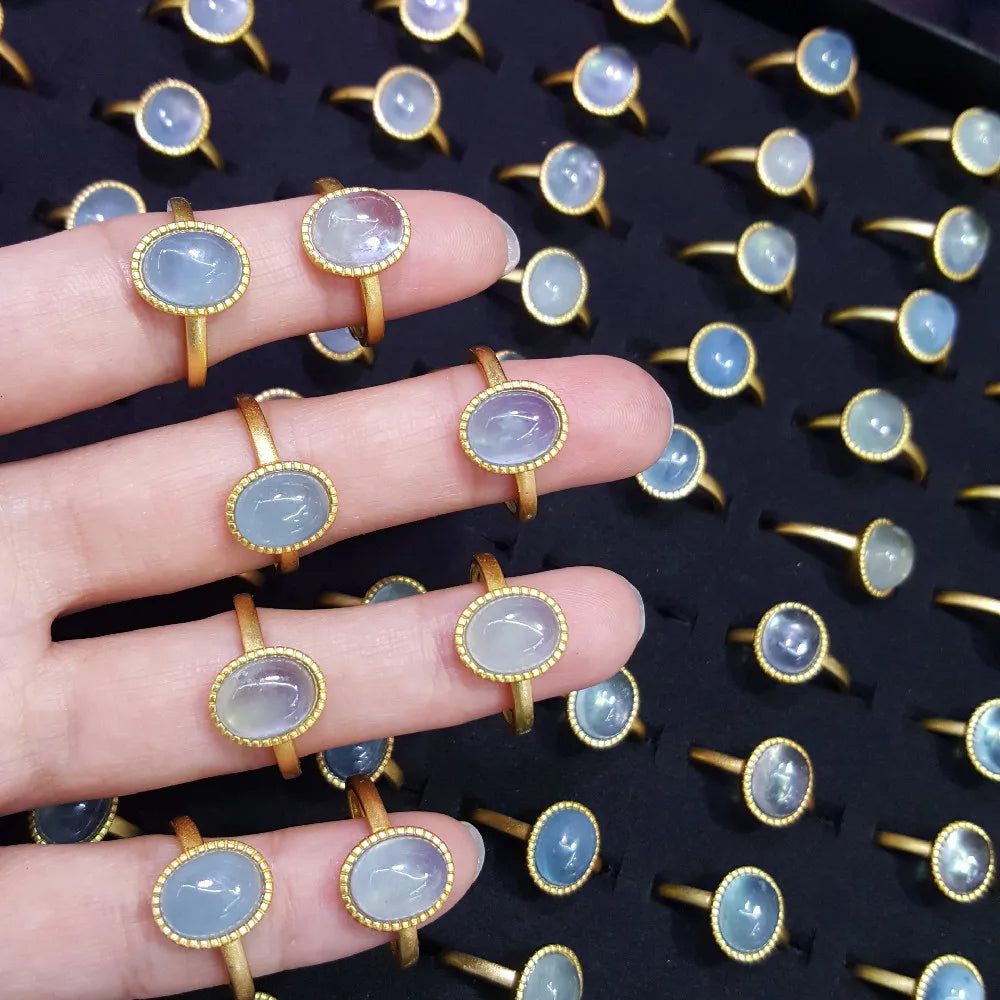 Adjustable Opening Aquamarine Ring for Women Ancient Gold Plated Durable and Trendy Brass Jewelry
