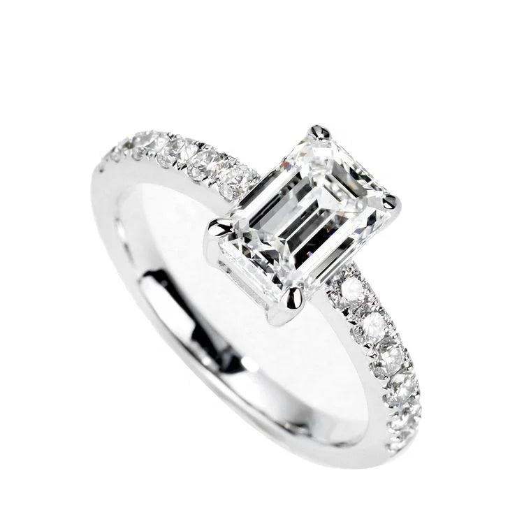 Precious Gemstone Jewelry Factory 18K Lab Diamond  Emerald Cut 1 Carat with Side Pave Ring for Women