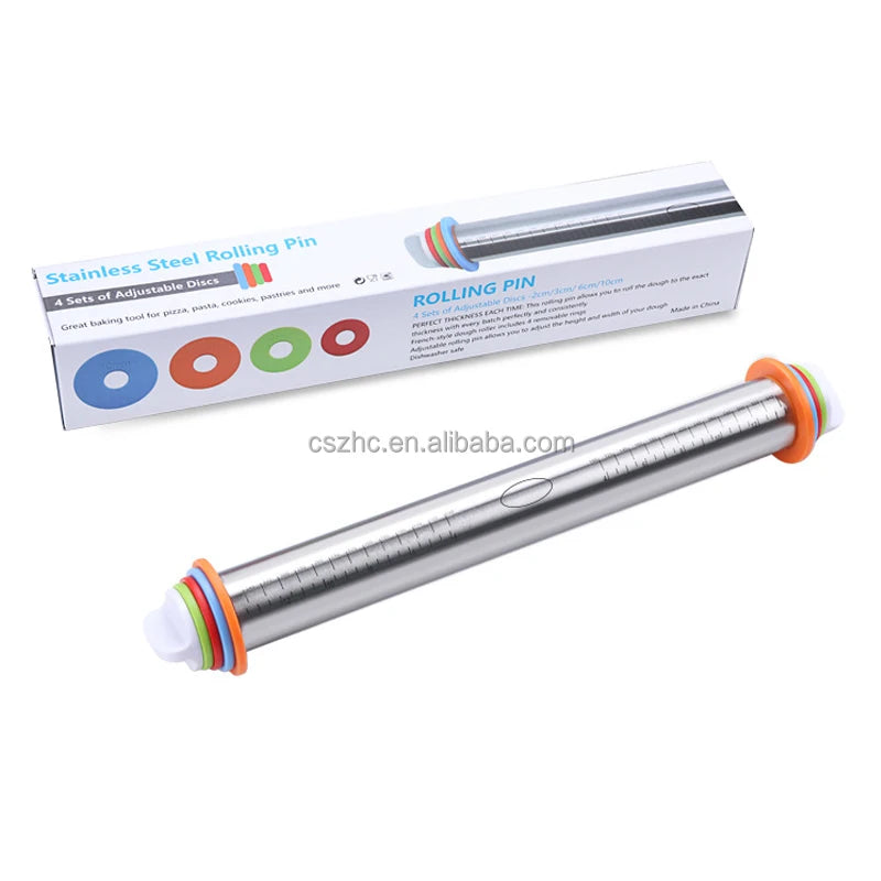 Rolling Pin and Silicone Baking Pastry Mat Set Rolling Pins with Adjustable Thickness Rings Stainless Steel Dough Roller