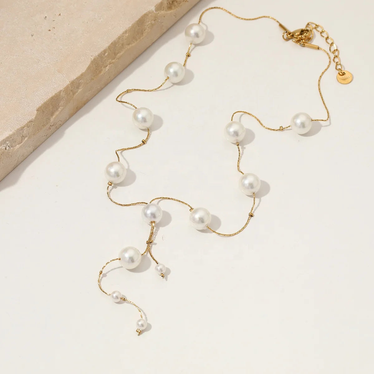 Clioro Elegant Y-Shape Necklace with Imitation Pearl Beads New Trendy Gold Plated Stainless Steel Jewelry Classic Style