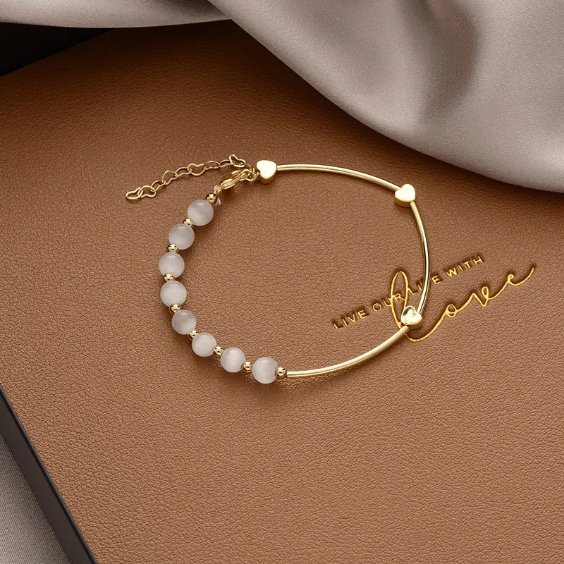 Charm Bracelets Personalized White Opal Stone Beaded Bracelets Gold Plated Puffed Love Heart Bangle Bracelet Women Jewelry