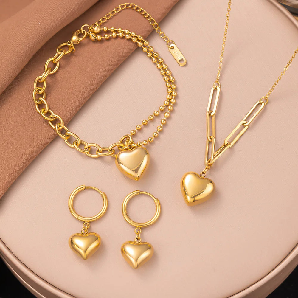 Golden Heart Shape Jewelry Set Titanium Steel Necklace Bracelet and Earrings Elegant Three Piece Gift Set for Women