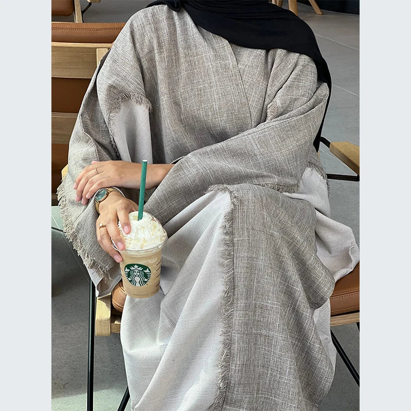 Middle East Dubai Islamic Clothing Custom Taupe Beige Two Toned Frayed Open Abaya Linen Polyester