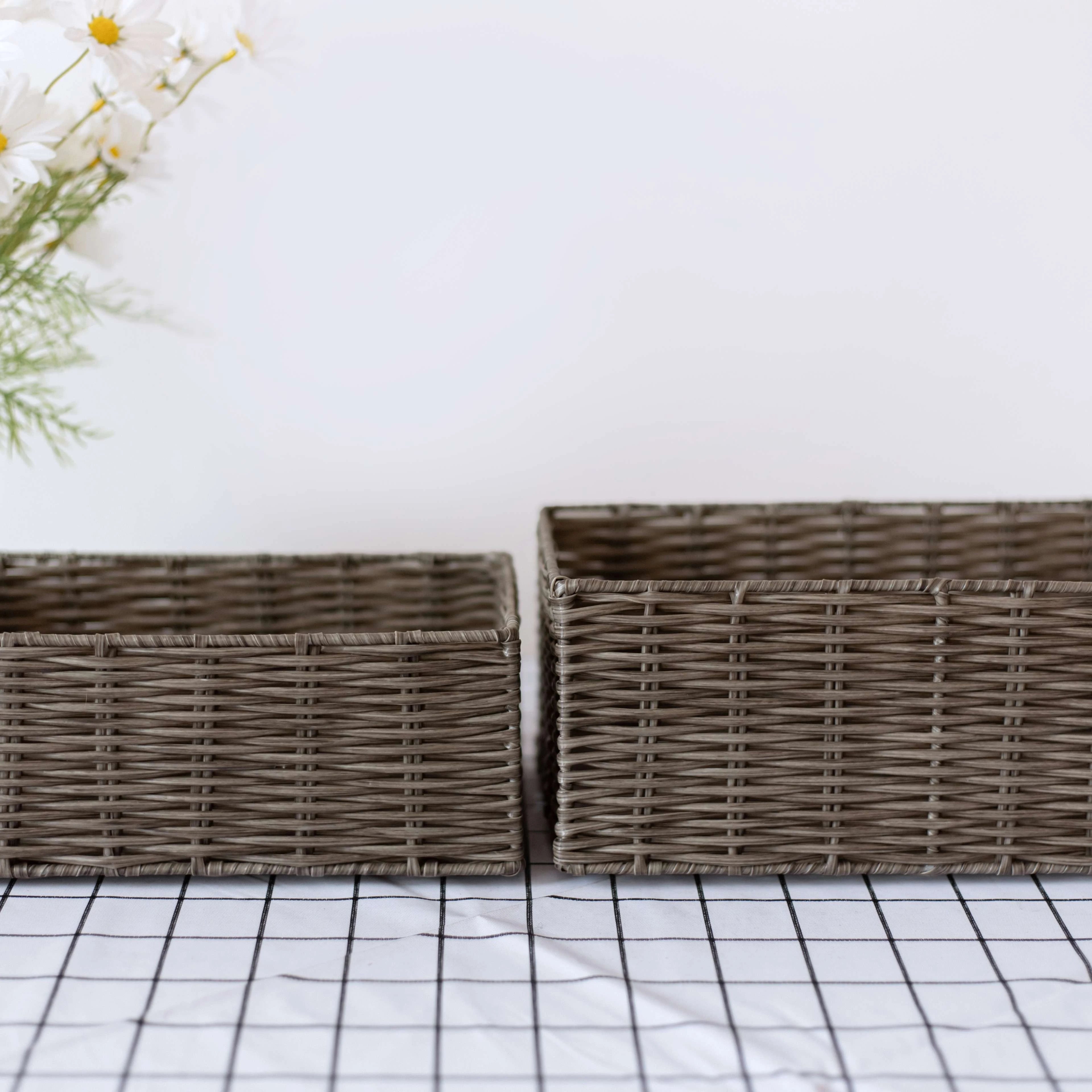 Set of 2 Customized Size Handwoven Synthetic Rattan Storage Baskets Woven Storage Organizer