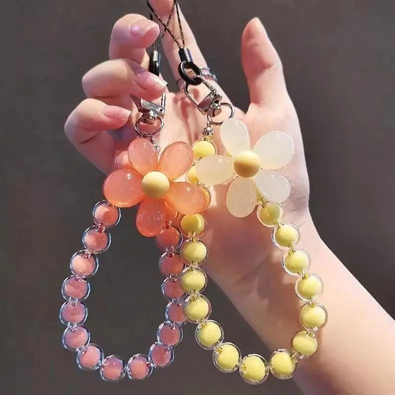 Ins Fashion Macaron Color Metal Mobile Phone Lanyard with Hanging Chain Ring Universal Wrist Strap Clip Flower Bead Design
