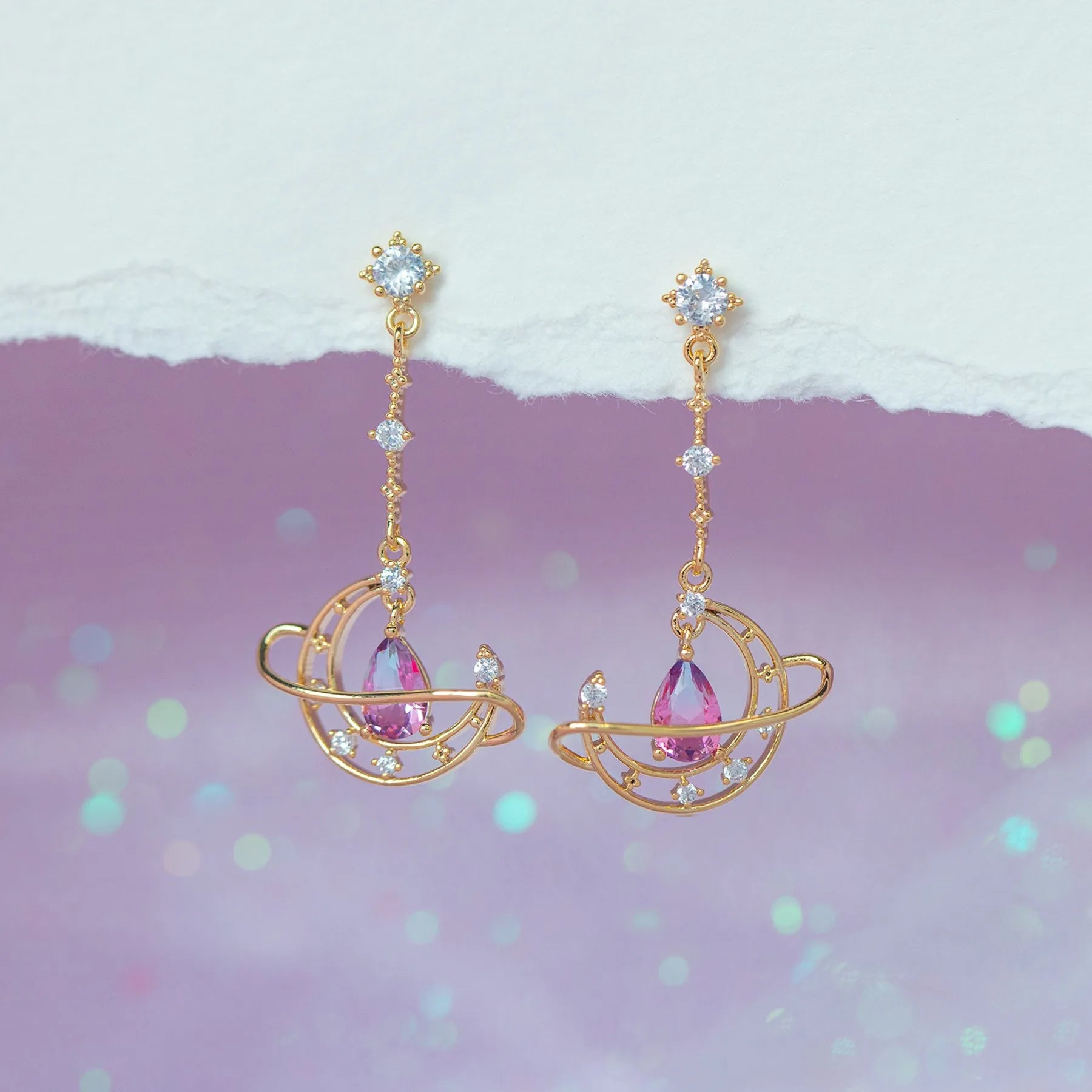 New Asymmetric Moon Heart Earring for Women Cute Gold-plated Pink Zircon Heart Stud Earrings