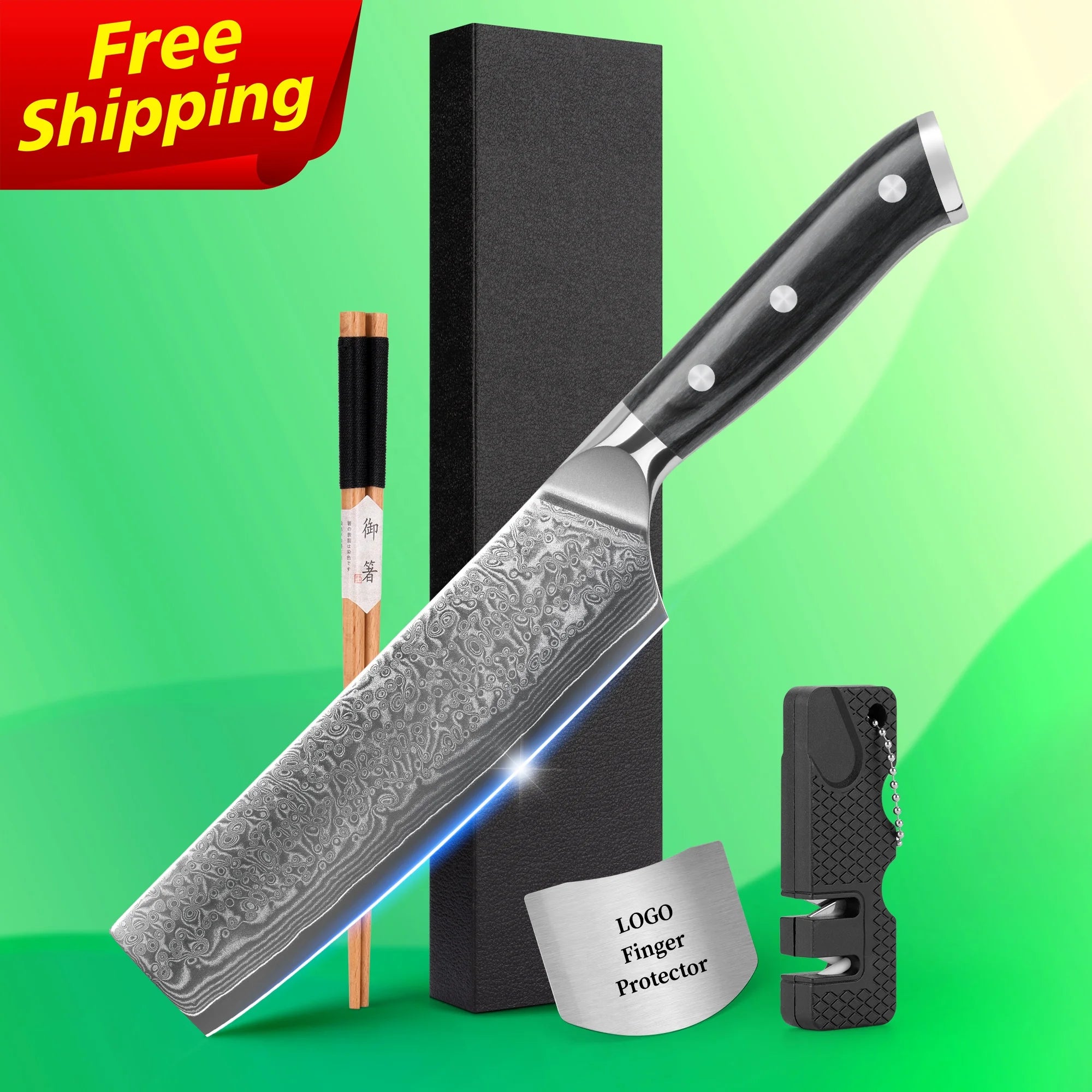 Free Shipping 7 Inch Damascus Japanese Damast Nakiri With Black Pakka Wood Handle Free logo
