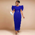 2024 Short Cap Sleeves Belt Decoration Tassel Women Long Prom Dress
