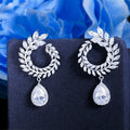 Women Gorgeous Cubic Zirconia Wedding Bridal Earrings Circle Leaf Design Water Drop Pendant Earrings Engagement Banquet Jewelry